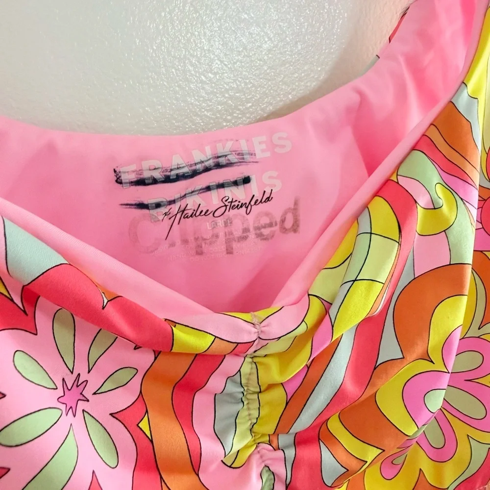 Frankie's Bikinis Pink Yellow Orange Floral Swirl Bikini Top